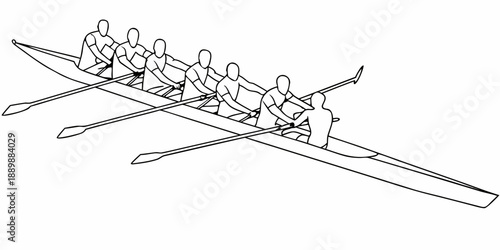 Line drawing of an eight person rowing team in a long shell