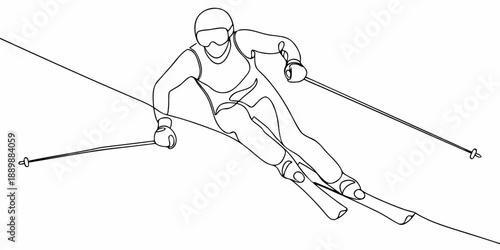 A single continuous line drawing of a skier in motion