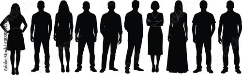 Diverse group of professional men and women standing in a row, silhouette vector collection for business teamwork and community concept