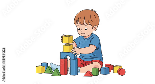 Cute Cartoon Boy Building a Tower with Blocks