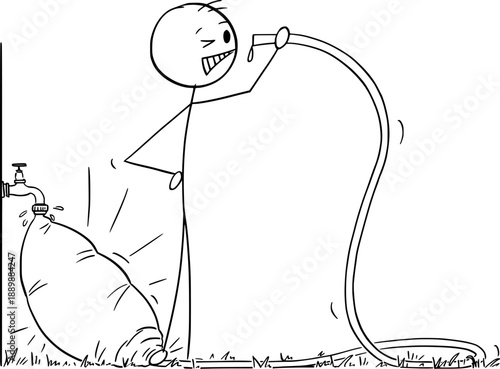 Clogged garden water hose, person standing on it, funny cartoon , vector cartoon stick figure or character illustration.