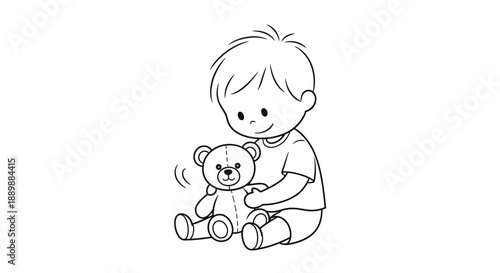 Coloring Page of a Cute Boy Hugging a Teddy Bear