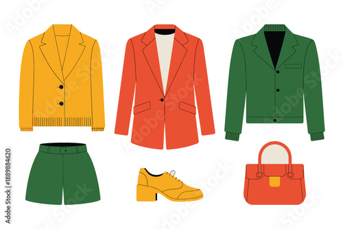 A colorful illustration of fashionable clothing and accessories for a stylish outfit