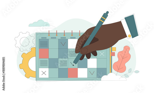 Schedule. Making a schedule. Implementing planned tasks. A hand marks a schedule or plan with a pen. Flat illustration.eps