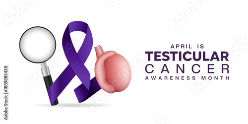 April Is Testicular Cancer Awareness Month. Testicular, ribbon and magnifying glass. Great for cards, banners, posters, social media and more. White background.  