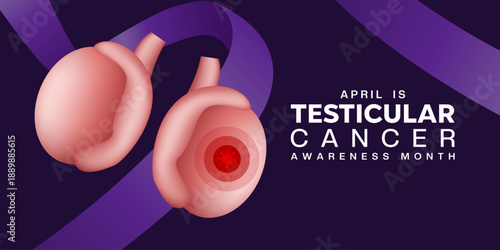 April Is Testicular Cancer Awareness Month. Testicular, ribbon and virus. Great for cards, banners, posters, social media and more. Purple background.  
