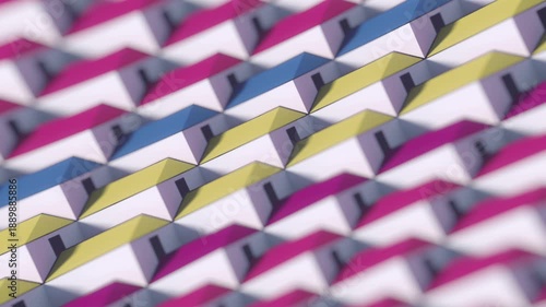 A 3D animation featuring color-changing houses. An abstract background for themes of real estate, choice, diversity, and creativity. Seamless looping animation for business and design