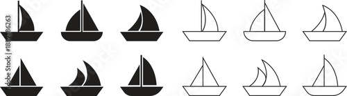 Sailboat sailing boat icon set in flat, outline styles. Marine travel ship transport silhouette sign, yacht ocean sea navigation cruise symbols vectors illustration isolated on transparent background.