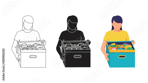 Volunteer holding a donation box filled with various items, shown in three styles outline, silhouette, and full color illustration