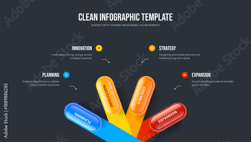 Creative Insight Four Option Infographic Slide Template. Investor Visualization 4 Step Diagram Frame Design. Visual Portfolio Slideshow Layout Vector Illustration.