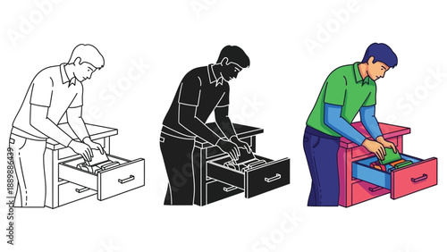 Man organizing files in a filing cabinet drawer, shown in three styles outline, silhouette, and color illustration