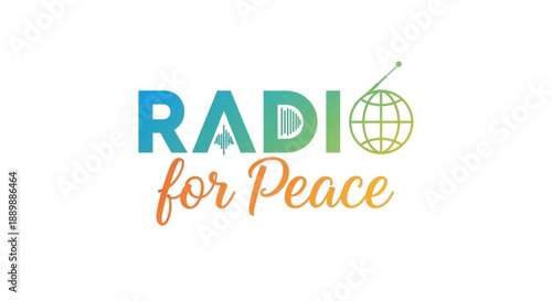 Radio for Peace logo a stylized globe with antenna and gradient text representing global communication and harmony isolated on white