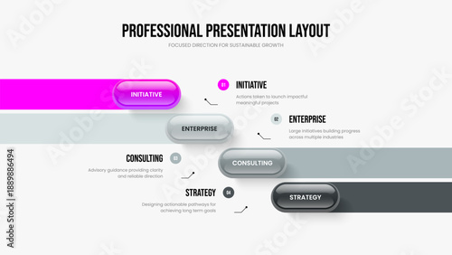 Market Growth Frame Layout Vector Illustration. Modern Profile 4 Step Diagram Slide Design. Creative Plan Four Option Infographic Presentation Template.