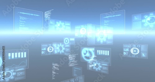 Animation of data processing and shapes moving on black background