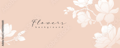 Elegant pink floral background with a pattern of magnolia blossoms. Vector illustration for card, banner, print, cover, wedding invitation, packaging