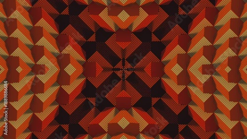 Retro 3D animation of a kaleidoscopic pattern in warm, autumn tones. A hypnotic, ethnic ornament with a dotted texture for VJ loops and cultural projects