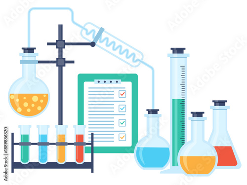 Chemistry lab and science equipment. Test glass flask with solution in research laboratory. Education and science concept