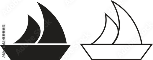 Sailboat sailing boat icon set in flat, outline styles. Marine travel ship transport silhouette sign, yacht ocean sea navigation cruise symbols vectors illustration isolated on transparent background.