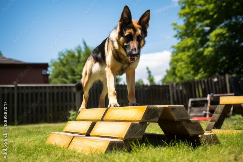 Fototapeta premium German shepherd standing on wooden agility equipment during outdoor training