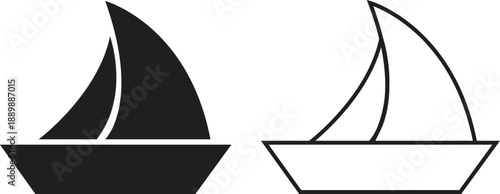 Sailboat sailing boat icon set in flat, outline styles. Marine travel ship transport silhouette sign, yacht ocean sea navigation cruise symbols vectors illustration isolated on transparent background.