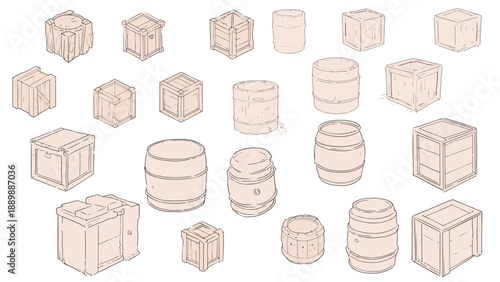 Game-ready isometric barrel, crate, chest vector set, video game-ready illustrations sketch drawing style