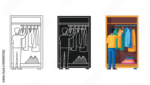Man choosing clothes from open wardrobe closet with hangers and folded items inside