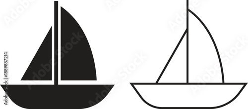 Sailboat sailing boat icon set in flat, outline styles. Marine travel ship transport silhouette sign, yacht ocean sea navigation cruise symbols vectors illustration isolated on transparent background.