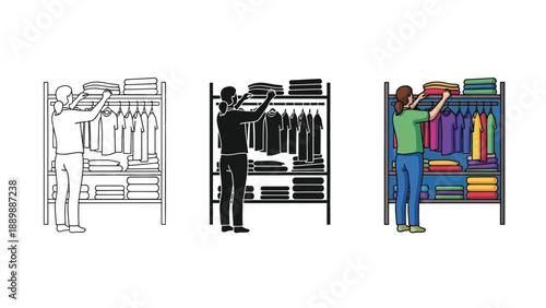 Woman organizing clothes a rack and shelves in a closet or storage unit, shown in outline, silhouette, and color vector styles