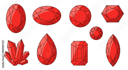 Collection of digitally drawn precious rubies in various cuts and shapes on white canvas