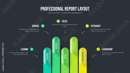 Market Analysis Slide Design Vector Illustration. Professional Strategy Five Element Diagram Frame Layout. Digital Development 5 Option Infographic Slideshow Template.