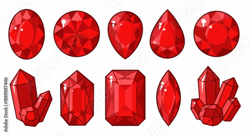 Assortment of vivid red gemstones and crystal formations ideal for fantasy assets