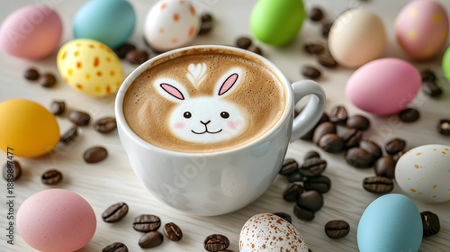 A cup of aromatic coffee with a rabbit design on milk foam sits on a table among coffee beans and Easter eggs, creating a cozy festive scene