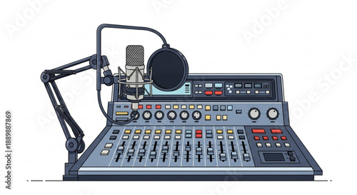 Professional audio mixing console with microphone and boom arm studio equipment for sound recording and broadcasting isolated on white background