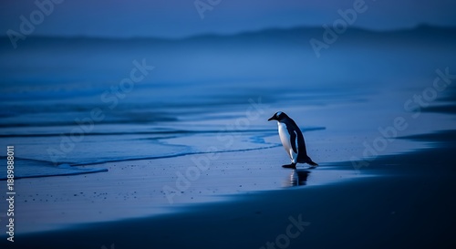 Lonely penguin standing on serene beach at dusk with calm waves