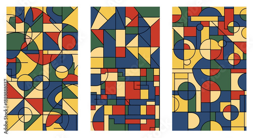 Colorful geometric composition featuring primary hues and intersecting shapes evoking a modern