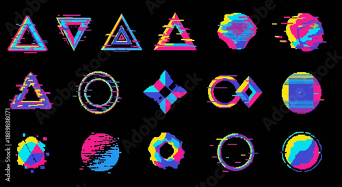 Vibrant glitchy geometric shapes and patterns with a digital aesthetic on a dark backdrop