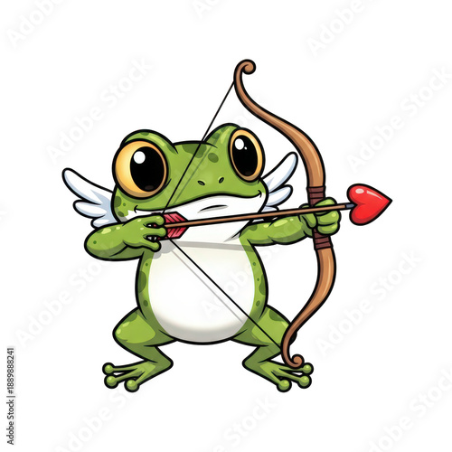 Frog cupid aiming arrow isolated on white background
