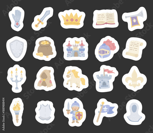 Middle ages set in scandinavian style featuring knight armor sword shield castle crown scroll banner torch horse helmet book flag