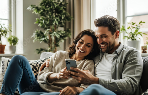 A happy couple relaxing on the couch and using a smartphone together