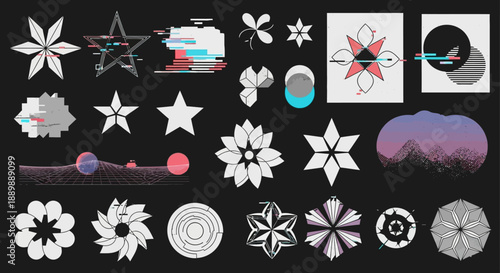 Abstract geometric shapes collection with glitch effects on black background design
