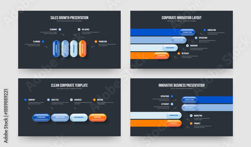 Investor Planning 4 Step Diagram Slideshow Template Set. Digital Plan Four Element Infographic Presentation Layout Vector Illustration Collection.