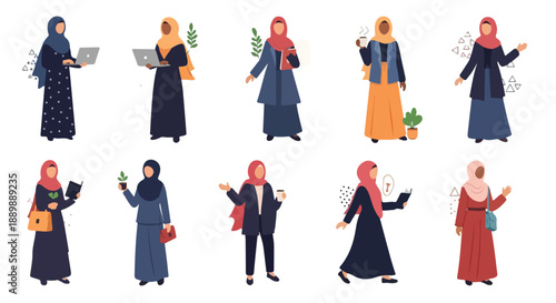 Vector Collection of Diverse Muslim Business Women in Hijabs, Working and Standing