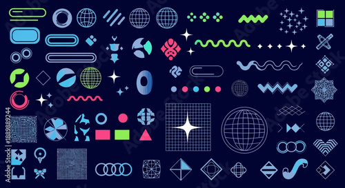 Collection of diverse abstract graphic elements forming a visually striking composition on dark