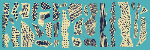 Ripped paper fragments with drawn doodle pattern. Retro scrap paper with textured scrible. Damaged page cutout background