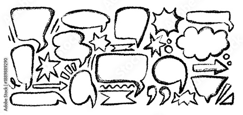 Set of hand drawn speech bubbles and thought clouds. Crayon chalk outline talk bubble frame. Chat black message balloon