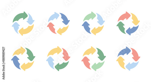 Set of colorful arrow cycle symbols representing process flow and directionality