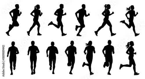 Dynamic collection of running people silhouettes illustrating motion and healthy lifestyle