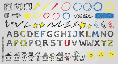 Doodle collection featuring sketched alphabets, geometric shapes, scribbles, houses, and figures