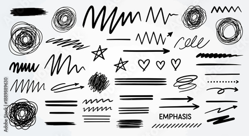 Hand-drawn design elements offering a diverse range of black and white vector scribbles and lines