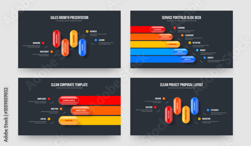 Business Profile 4 5 3 Element Diagram Presentation Design Bundle. Visual Review Four Five Three Option Infographic Slideshow Template Vector Illustration Collection.